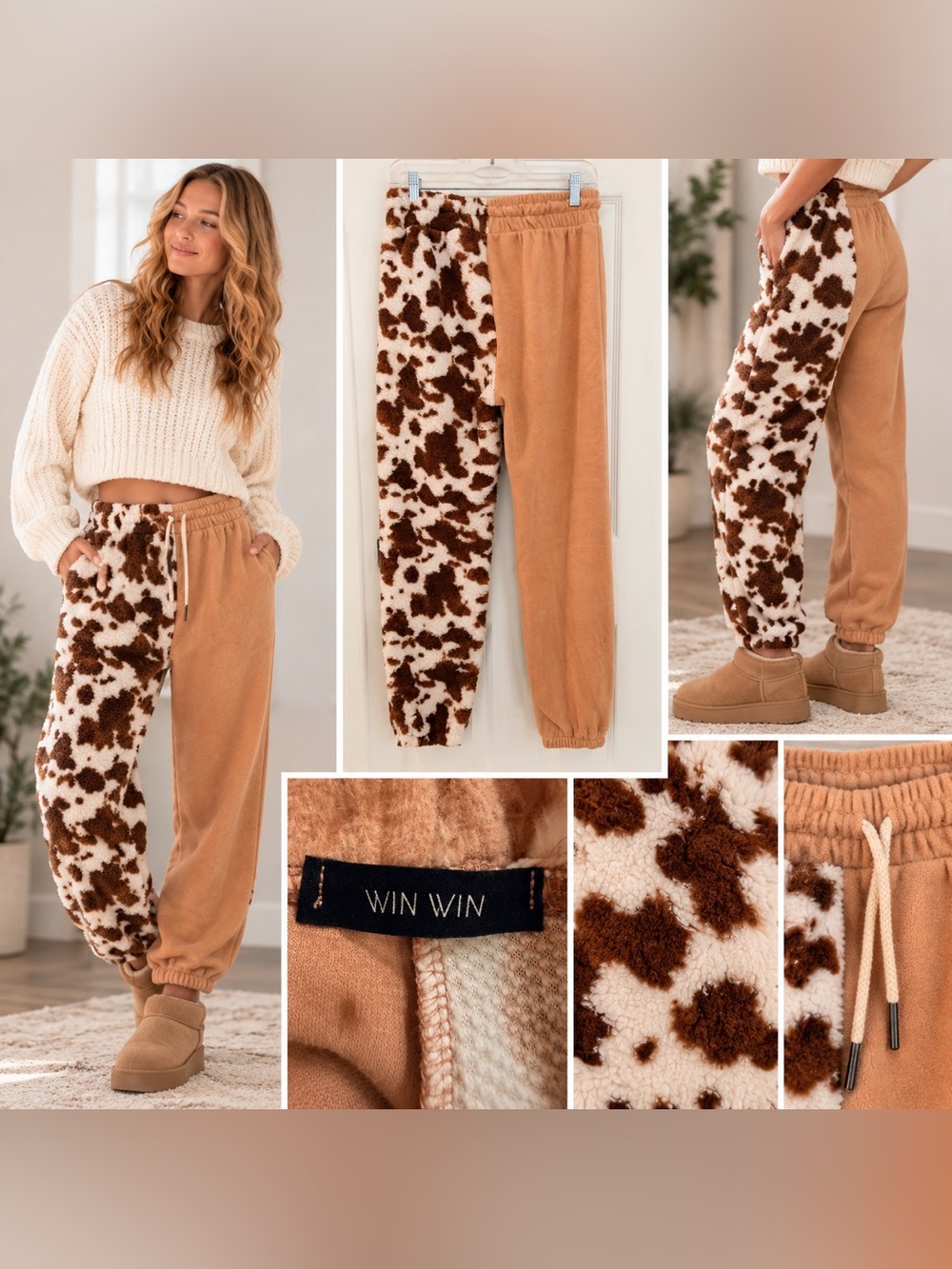 WIN WIN Cow Print Sherpa Fleece Colorblock Joggers – Western Cowgirl Lounge Pant
